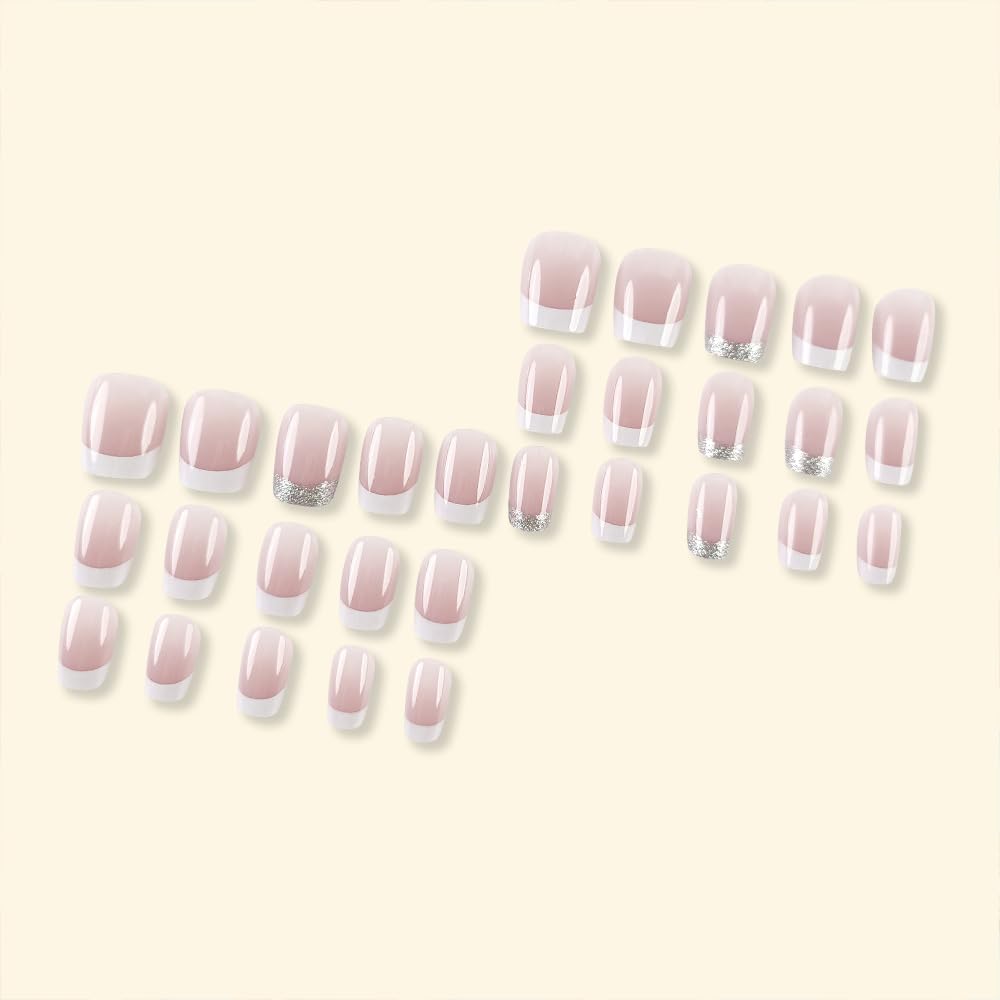 24Pcs White French Tip Press on Nails Short Square Fake Nails with French Glitter Designs Glossy Nail Tips Cute Full Cover Acrylic Nails Artificial Nude False Nails Natural Glue on Nails for Women
