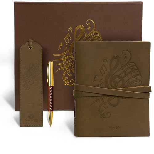 Sovereign-Gear Leather Journal Gift Set ? Embossed Music Notes Design - Handmade Buffalo Leather Notebook with Pen & Bookmark - Vintage 8x6¡± Unlined Writing Journal for Men & Women in Premium Gift Box