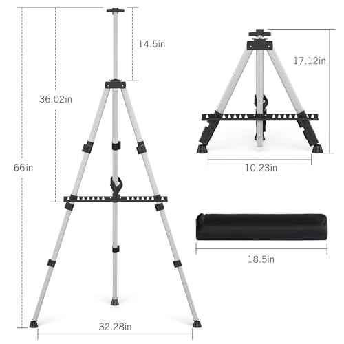 Art Easel Stand for Painting or Sign, Portable Adjustable 66 inches Display Tripod Artist Floor Aluminum Metal Easel with 1 Bag for Table-top/Floor Drawing, Sturdy for Canvases Displaying - Silver