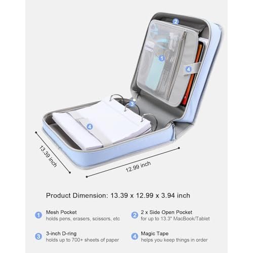 3" D-ring Zipper Binder with 700+ Sheets Capacity, 3-ring Zip Up Binder with Shoulder Strap for School, College, Office, Compatible with 13" MacBook & 12.9" Tablet (Light Blue)