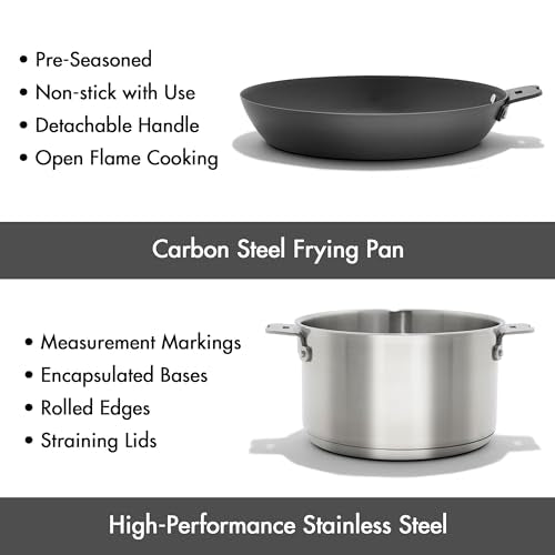 OXO Outdoor 8 Piece Camping Cookware Set, 10" Pre-Seasoned Carbon Steel Frying Pan Skillet, 2.25QT and 5QT Stainless Steel Saucepans with Lids, Removeable Handle, Trivet, Travel Bag, Space-Saving