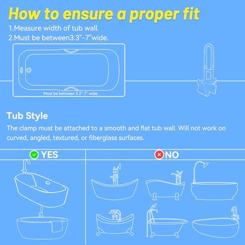 Bathtub Grab Bars for Seniors, Tub Handle Grab Bar for Elderly Bath Support, Bathtub Safety Rail, Assistance Bathtub Handle Clamp for Bathroom, 3.3"- 7" Width Adjustable, White