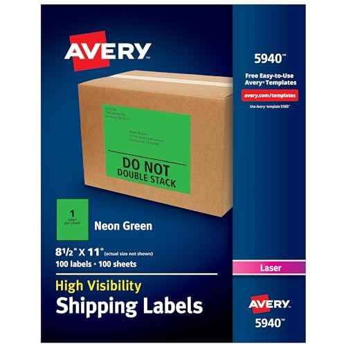 Avery Neon Shipping Labels for Laser Printers, 8-1/2" x 11", 100 Green Labels (5940)