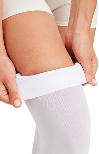 MGANG 15-20 mmHg Compression Stockings for Women & Men, Thigh High Medical Footless Graduated Compression Sleeves with Silicone Dot Band, for Varicose Veins, Edema, Travel, Flight, Pregnant, White L