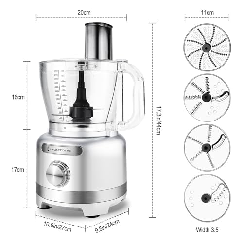 Homtone 16 Cup Food Processor, 9 Functions 7 Blades 3 Speeds for Shredding, Slicing, Doughing, Emulsfying and Meat Vegetable Chopping for Home Use, 600W (Sliver)