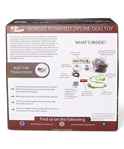 Tumbo Solo Slinger Outdoor Tough Hanging 50 ft Zipline Dog Toy (Uses Bungee Force to Sling The Rope Toy Back and Forth to The Center) Adjustable Length