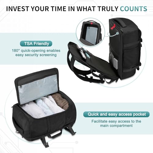 40L Travel Backpack, TSA Friendly Flight Approved Carry on Backpack for Men Women, Fits 17.3 Inch Laptop with USB-A&C Ports, Weekender Bag, Black