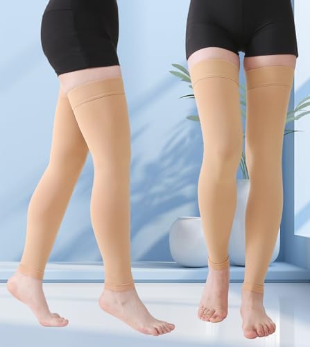 MGANG Thigh High Leg Sleeve 20-30 mmHg Graduated Compression with Grip Top, Medical Compression Stockings for Men and Women, with Varicose Veins, Lymphedema, Swelling & Venous Insufficiency, Beige XXL