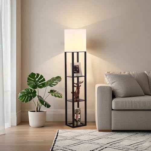 HomeFocus - Floor Lamp with Shelves,Shelf Floor Lamp with LED Bulb,Bookshelf Corner Display Lamp for Living Room,Bedroom and Office,White Linen Shade,Rustic Wood,Black