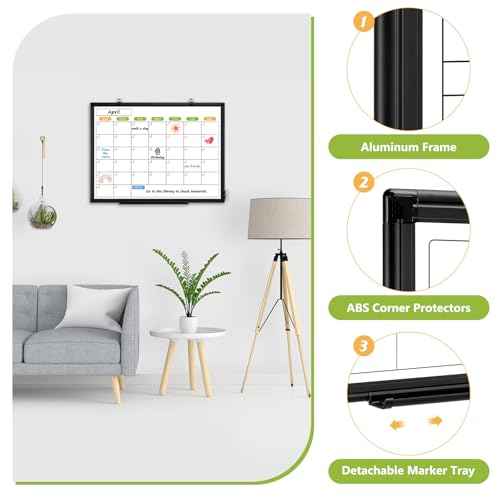 Dry Erase Calendar Whiteboard for Wall, 24" x 18" Magnetic Monthly White Board Calendar with Black Aluminum Frame, Double-Sided Hanging Dry Erase Board for Office, Home, School