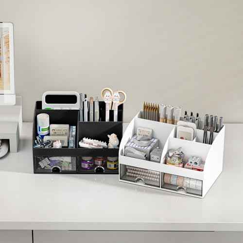 Desk Organizer with 6 Compartments and 2 Drawers, Plastic Makeup Organizer, Pen Holder for Desktop Storage, Desk Organization for School, Home, Office Supplies (Black)