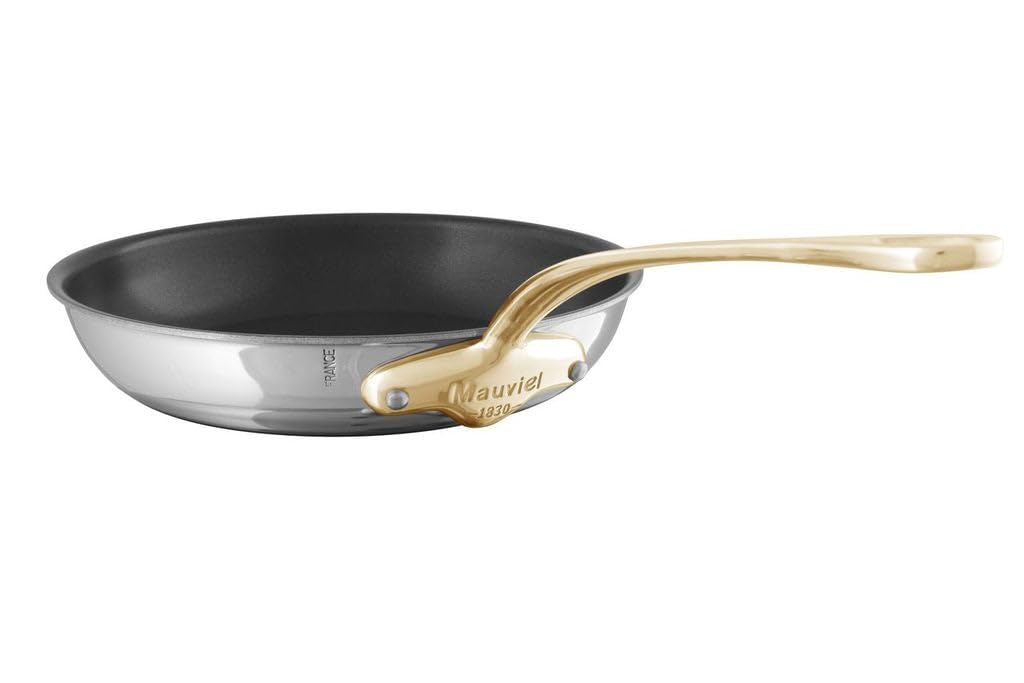 Mauviel M'Cook B 5-Ply Polished Stainless Steel Nonstick Round Frying Pan With Brass Handle, 10.2-in, Made In France