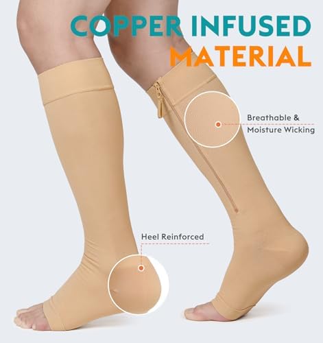 NURCOM Copper Compression Socks 5XL Extra X-Wide Calf 20-30 mmHg Knee-Hi Plus Size Support Zipper Stockings - Open Toe - Beige Ideal for Varicose Veins, Swelling and Lymphedema Relief, 5X-Large