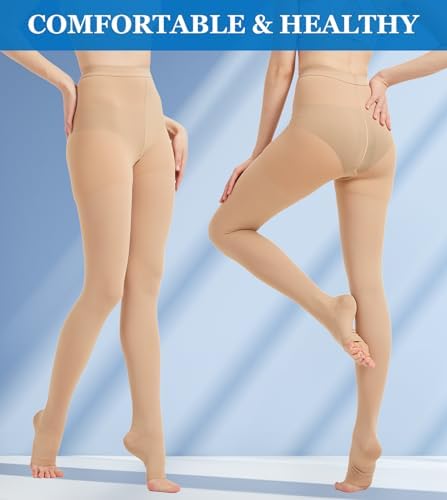 MGANG Medical Compression Pantyhose for Women & Men, 15-20mmHg Graduated Compression Support Tights, Open Toe, Opaque Waist High Compression Stockings for Edema, Varicose Veins, Flight, DVT, Beige XL