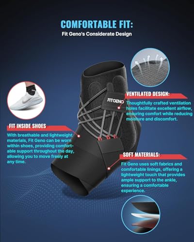 Fit Geno Ankle Brace for Sprained Ankles - Adjustable Breathable Support with Quick-Release Straps for Pain Relief and Swelling Reduction for Men and Women (Left M/L, Ankle size 9''-9.8'')