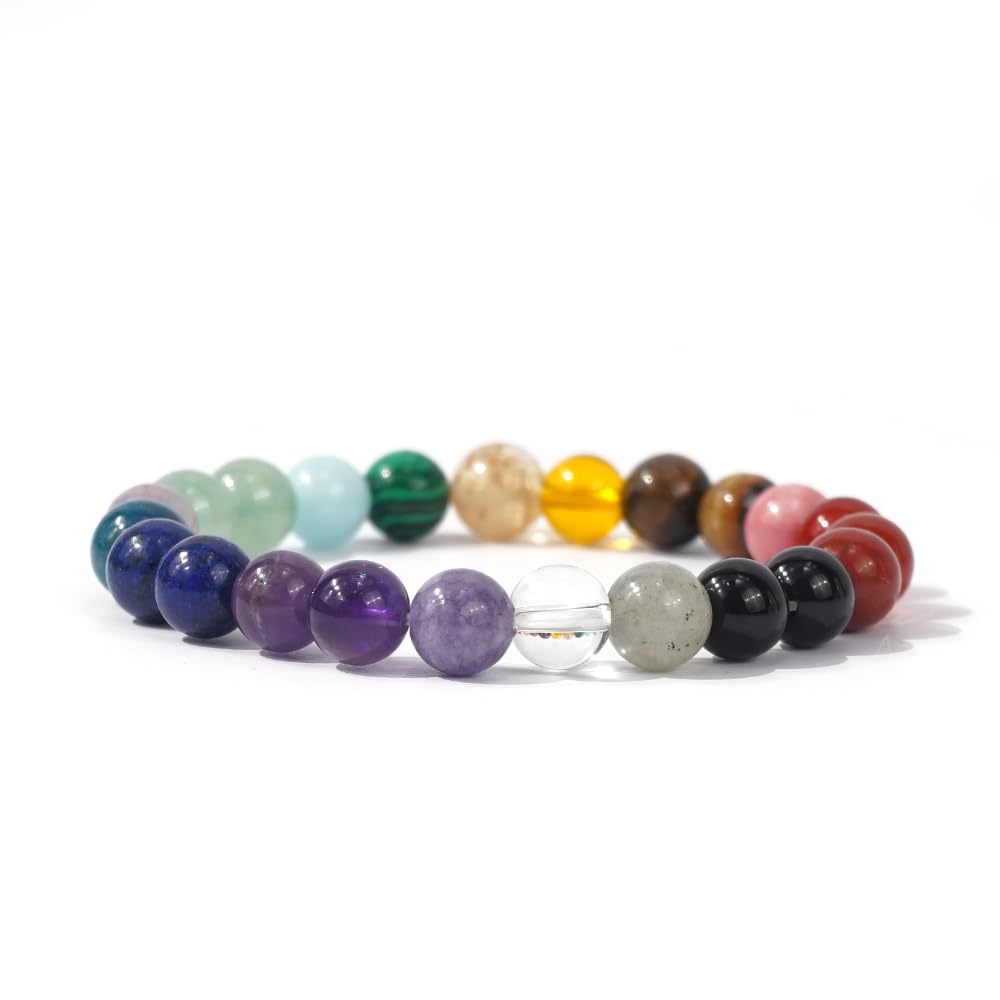 EQUBIO Natural Gemstone Chakra Bracelet Handmade Elastic Stretch Crystal Beaded Bracelet 7 Chakra Stones for Balance Yoga Meditation Spiritual Jewelry Gift for Women Men Birthday Christmas