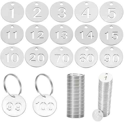 Number Tags 1-100, Dedoot Hollow Numbered Steel Tags with Ring for Dormitory House Lockers, 23mm Diameter, Silver