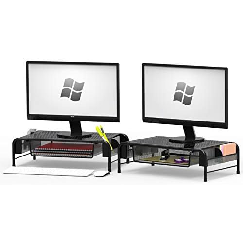 Simple Houseware Metal Desk Monitor Stand Riser with Organizer Drawer, Black, 2 Packs