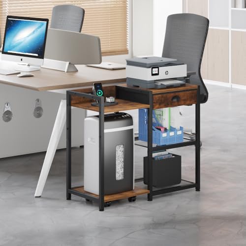 ZIWEI STAR Printer Stand with Storage Drawer,Printer Table with USB Port, 3 Tier Shelf, Base Stand with Wheels.Printer Cabinet for Home and Office.Brown