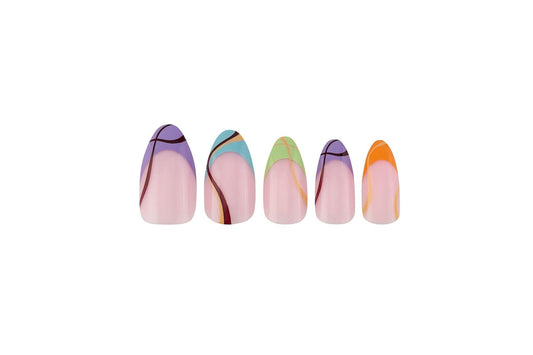 PaintLab Press-On Nails Manicure Kit, Multi Tie - Almond, 24-Piece Set, Long-Lasting Fake Nails with Glue, File, Prep Pad & Cuticle Stick