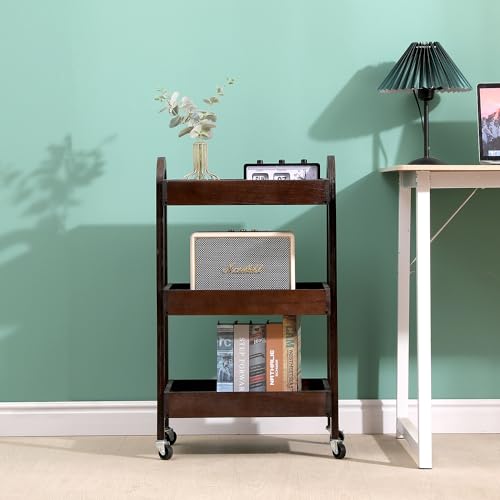 3-Tier Wooden Rolling Cart- Wooden Utility Cart wit Wheels- Utility Rolling Cart-Storage Trolley Organizer- Rolling Kitchen Cart Serving Cart for Office,Kitchen, Kids' Room (Walnut Color)