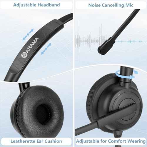 Arama Upgraded Yealink Phone Headset with Microphone Noise Cancelling, RJ9 Office Telephone Headsets Compatible with Yealink T20P T21P T26P T23G T46G T48G Avaya 1608 9608 9611 Grandstream (A600Y1)