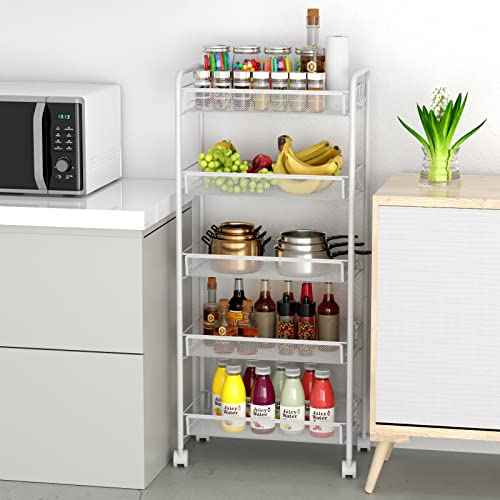 JANE EYRE 5-Tier Rolling Utility Storage Rack Cart on Wheels, Trolley Craft cart, Multi-Purpose Organizer Shelf, White