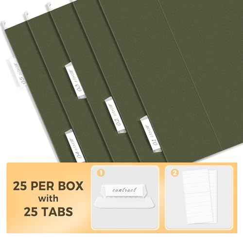 SUNEE Hanging File Folders, 25 Pack Reinforced Hang Folders Letter Size, Adjustable 1/5-Cut Tabs, Designed for Bulky Files, Filing Cabinet, Standard Green