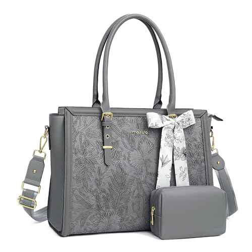MOSISO Laptop Bag for Women, PU Leather Tote Bag, Front Embossed Retro Hibiscus Computer Bags with Silk Scarf&Clutch Purse