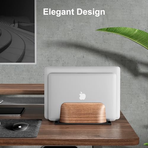 UPERGO Vertical Laptop Stand, Dual Slot Wooden Laptop Holder Vertical for Desk, Width Adjustable Dock for MacBook Pro and Other Laptops