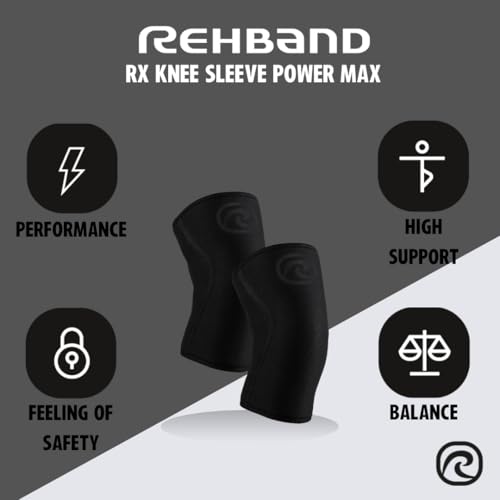 Rehband Rx Knee Sleeve Power Max, 1 piece, knee support 7mm neoprene, strongman, heavy lifting, longest knee sleeve, Colour:Carbon/Black, Size:S