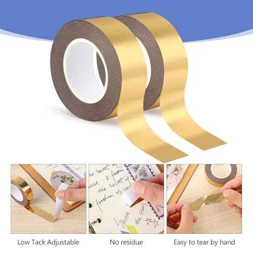2 Rolls Gold Washi Tape 0.59In ¡¿ 130Ft (Total 40m) Low Tack Solid Foil Gold Tape, Shiny Metallic Decorative Tape for Wall Mirror Decor Crafts Christmas Gift Wrapping
