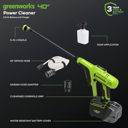 Greenworks 40V (600 PSI 0.8 GPM) Power Cleaner, 2Ah USB Battery and Charger Included