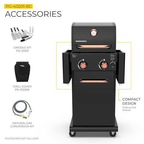 Permasteel 2-Burner Propane Gas Grill, BBQ Grill with Foldable Side Tables & Tool Hooks, Perfect for Outdoor Cooking, Patio & Garden, Black/Copper