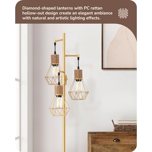 EDISHINE Dimmable Industrial Floor Lamp, Farmhouse Standing Lamp for Living Room with 3 LED Edison Bulbs, Diamond-Shaped Cage, Corner Rustic Rattan Reading Lamps for Bedroom, Office, Gold