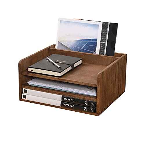 Desk Organizer for File Folder Storage with 3 Paper Letter Tray &1 Vertical Compartment- Wood Office Desktop Document Organizer Rack - Filing Folder Mail Sorter Desk accessories Dark WJJ3K-DK
