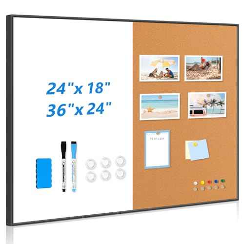 Magnetic White Board and Cork Board Combo, 24" x 18", Dry Erase Bulletin Board, Black Aluminum Frame, Wall Hanging, for Home Office and School