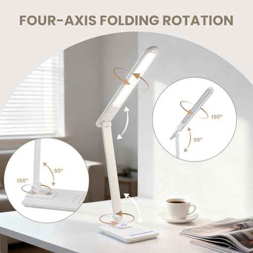 TECHNOVA LED Desk Lamp with 5 Color Temperatures | Sliding Stepless Dimming & One-Touch Timer | Foldable & Portable Design for Office/Study/Nail Art | USB Charging & Four-Axis Rotation for Small Desks