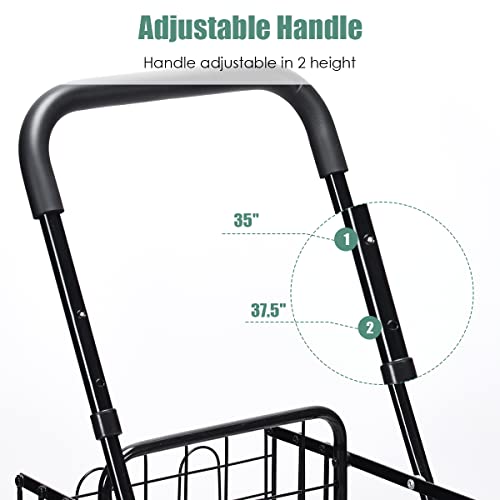 Folding Shopping Cart, Double Basket Supermarket Cart with Adjustable Wide Cushion Handle Bar and Swivel Wheels, Suitable for Grocery Book Luggage Travel Laundry, Large Utility Carts (Black)