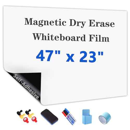 Magnetic Dry Erase Whiteboard Paper with Adhesive, 47" x 23" White Board Film for Wall, Easy to Write and Clean Dry Erase Board for Office, Classroom, Home, Include Marker, Magnetic Eraser and Magnets
