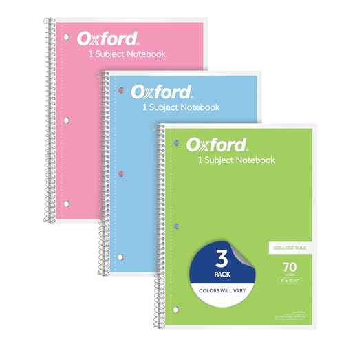 Oxford Spiral Notebooks, 3 Pack, 1 Subject, College Ruled Notebooks for School, 8 x 10.5 Inches, 70 Sheets, Assorted Pastel Colors, Back to School Supplies (1002540)
