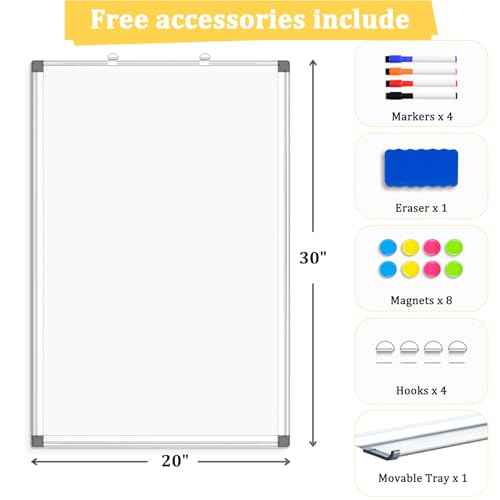 Double-Sided Magnetic Whiteboard, 30" x 20" Dry Erase Board, Aluminum Frame White Board for Wall, Hanging Mounting White Board Dry Erase Marker Board with 4 Markers, 1 Pen Tray