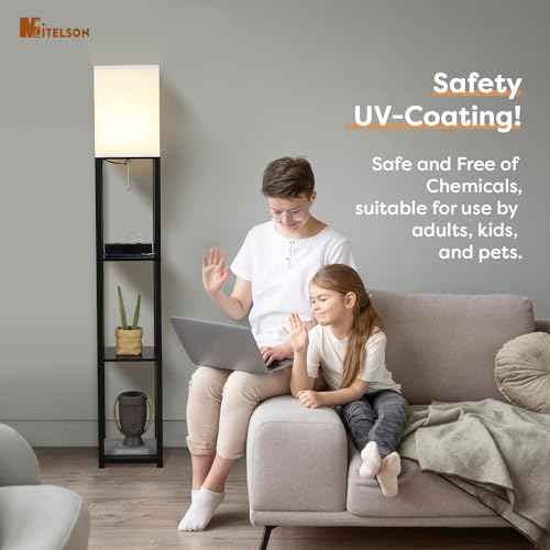 Floor Lamp with Shelves and USB, USB-C & Power Outlets, Shelf Lamp with Charging Station, Modern Square Lamps for Living Room, Standing Floor Lamp for Bedroom and Office, Tall Lamp, Black