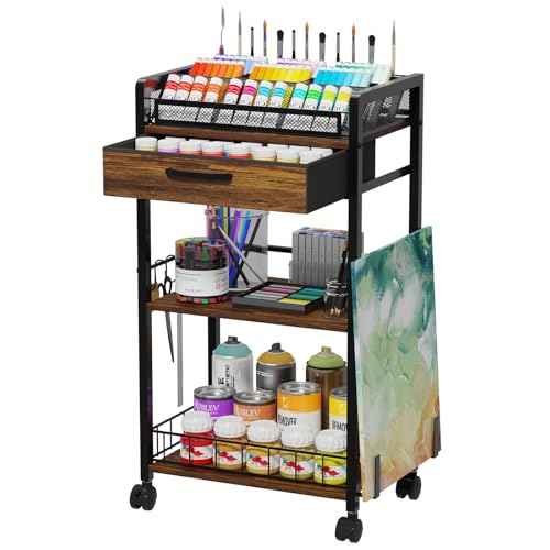 3 Tier Rolling Cart - Metal Utility Cart with Storage Drawer and Wheels, Versatile Art & Craft Organizer for Home, Office, or Studio Ideal for Storing Brushes, Paints, and Supplies Brown