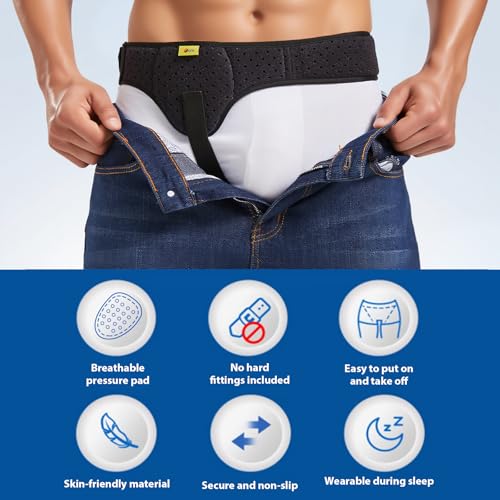 Inguinal Hernia Belt for Men & Women | Single-Side Precision Support (Left/Right) | Medical-Grade Post-Surgery Truss with Adjustable Waist Strap | Black, L (35.5"-41.5" Hip)