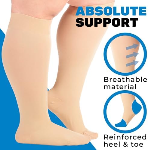 ABSOLUTE SUPPORT (3 Pairs) Plus Size Graduated Support Opaque Compression Knee High Socks for Women and Men 20-30mmHg | For Diabetic, Lymphedema, Swelling, Pregnancy - Beige, 3X-Large - A501BE6-3