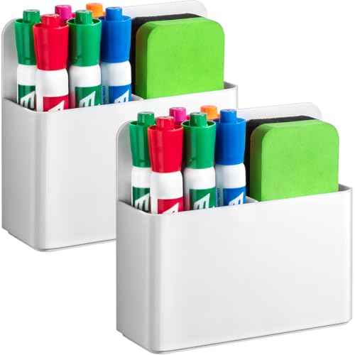 2 Pcs Magnetic Dry Erase Marker Holder for Whiteboard, Plastic Magnetic Pen Holder for Refrigerator Fridge, Magnet Pencil Cup for School Classroom, Locker Accessories, Pen Cup Organizer-White