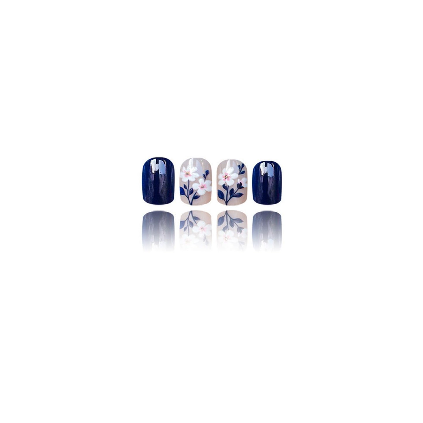 24pcs Blue Press on Nail Flower Fake Nails Glossy Full Cover Stick on Nail with Acrylic designs Floral Glue on Nails Reusable Short Square False Nails for Women Spring Summer Work Manicure