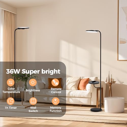 36W LED Floor Lamp with Table & Shelves, Minimalist Stepless Dimmable Torchiere with Dual Control (Remote & Touch), 350¡ÆRotating Head Reading Floor Lamp for Living Room, Bedroom, Office