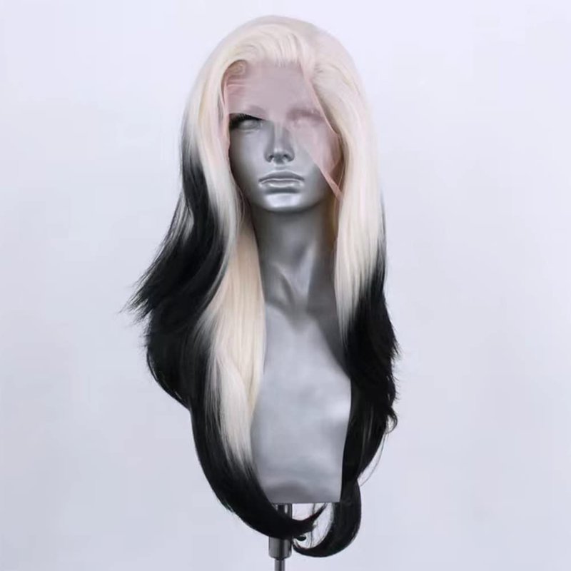 RONGDUOYI Ombre Color Synthetic Lace Front Wig for Women 13x4 Glueless Natural Straight Platinum Black Lace Wig Glueless Natural Hairline Synthetic Daily Wear Costume Party